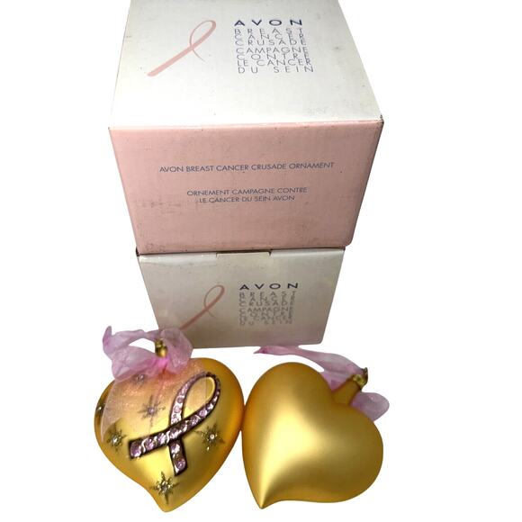 2 Avon Breast Cancer Awareness Crusade Glass Gold Heart Ornament Valentines Day - Picture 1 of 8
